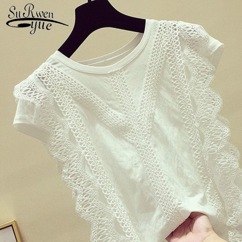 Korean Fashion Clothing Plus Size Solid Shirt Women Blouse Summer 2019 Womens Tops and Blouses Lace Patchwork Blusas 4835 50