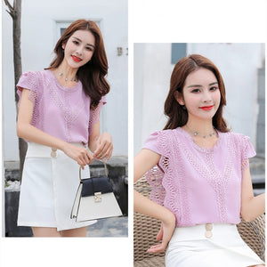 Korean Fashion Clothing Plus Size Solid Shirt Women Blouse Summer 2019 Womens Tops and Blouses Lace Patchwork Blusas 4835 50