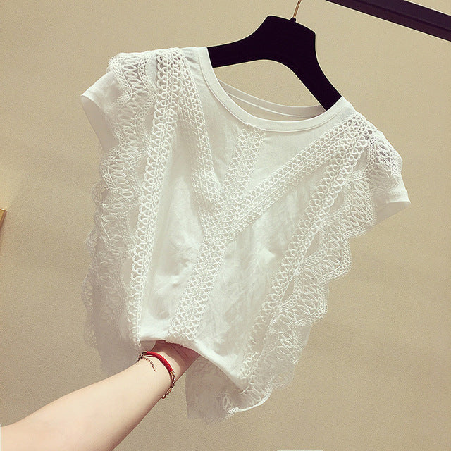 Korean Fashion Clothing Plus Size Solid Shirt Women Blouse Summer 2019 Womens Tops and Blouses Lace Patchwork Blusas 4835 50