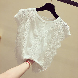 Korean Fashion Clothing Plus Size Solid Shirt Women Blouse Summer 2019 Womens Tops and Blouses Lace Patchwork Blusas 4835 50