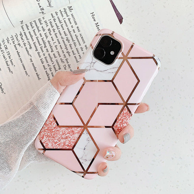 N1986N Phone Case For iPhone 11 11 Pro Max X XR XS Max 6 6s 7 8 Plus Luxury Splice Marble Electroplated Shiny IMD For iPhone 11