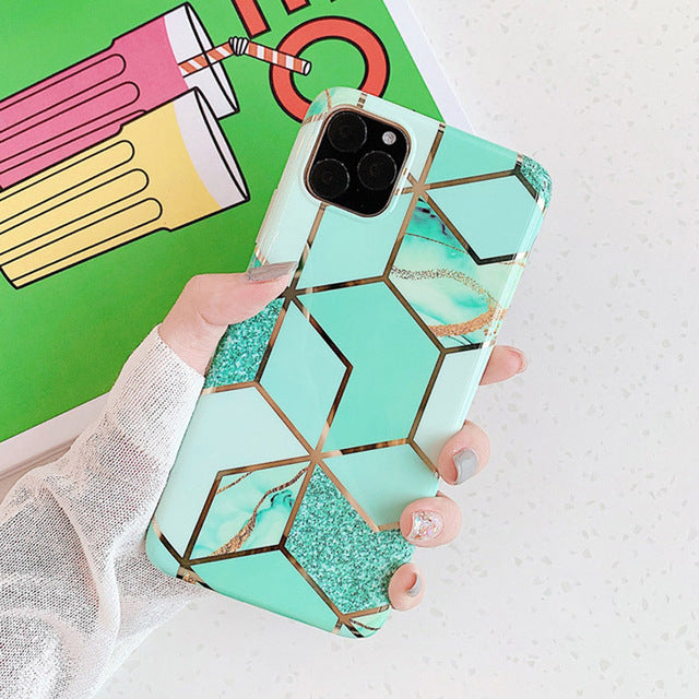 N1986N Phone Case For iPhone 11 11 Pro Max X XR XS Max 6 6s 7 8 Plus Luxury Splice Marble Electroplated Shiny IMD For iPhone 11