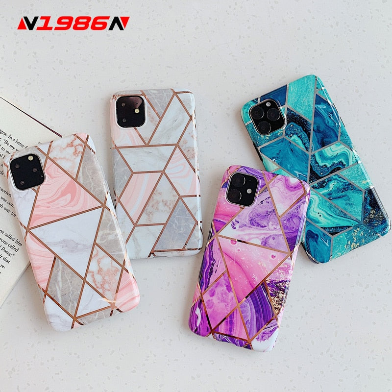 N1986N Phone Case For iPhone 11 11 Pro Max X XR XS Max 6 6s 7 8 Plus Luxury Splice Marble Electroplated Shiny IMD For iPhone 11