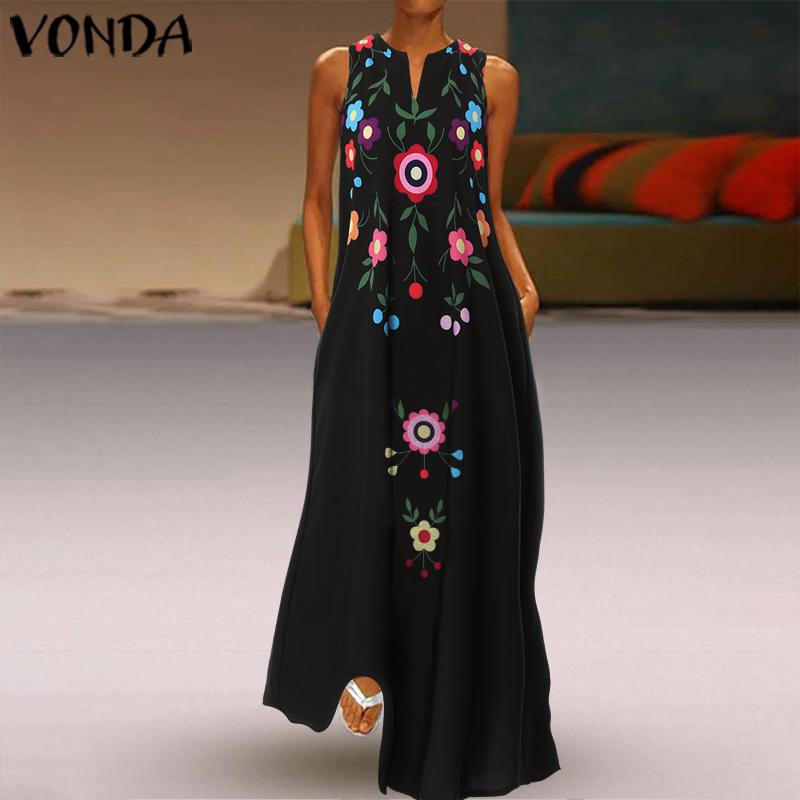 VONDA Summer Fashion Womens Maxi Dress V Neck Sleeveless Print