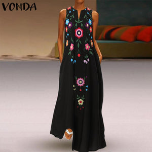 VONDA Summer Fashion Womens Maxi Dress V Neck Sleeveless Print