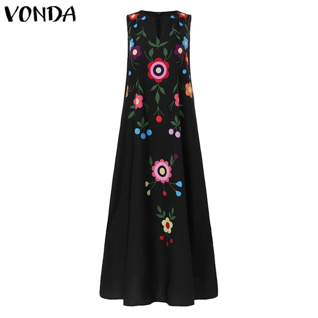 VONDA Summer Fashion Womens Maxi Dress V Neck Sleeveless Print