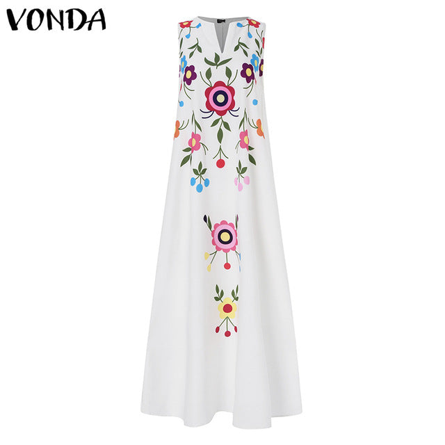 VONDA Summer Fashion Womens Maxi Dress V Neck Sleeveless Print