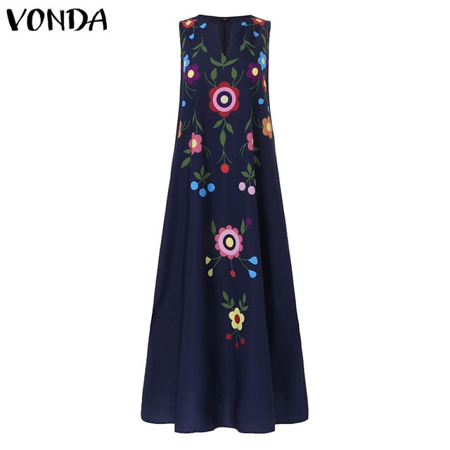 VONDA Summer Fashion Womens Maxi Dress V Neck Sleeveless Print