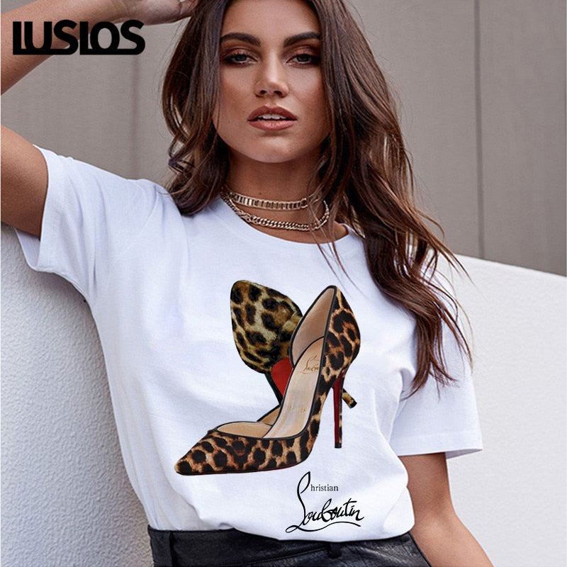 Luslos Hot Sale New Street Style Women Casual Short Sleeve O-neck Cotton T shirt Leopard High-heeled Printed Graphic Tees Female