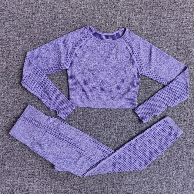 Women Seamless Yoga Set Fitness Sports Suits Gym Clothing Long Sleeve Crop Top Shirts High Waist Running Leggings Workout Pants
