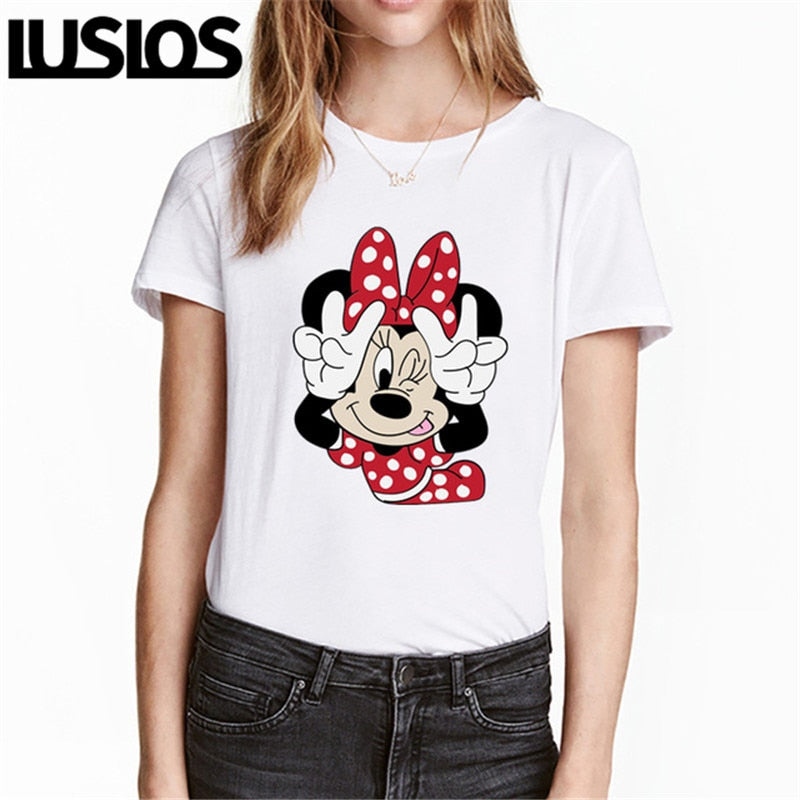 Luslos Hot Sales Summer Cartoon Pattern Printed Women Lovely Loose Female T-shirt Casual Short Sleeve White Minnie Tops S-3XL