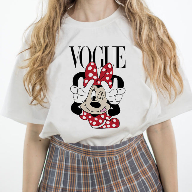 Luslos Hot Sales Summer Cartoon Pattern Printed Women Lovely Loose Female T-shirt Casual Short Sleeve White Minnie Tops S-3XL