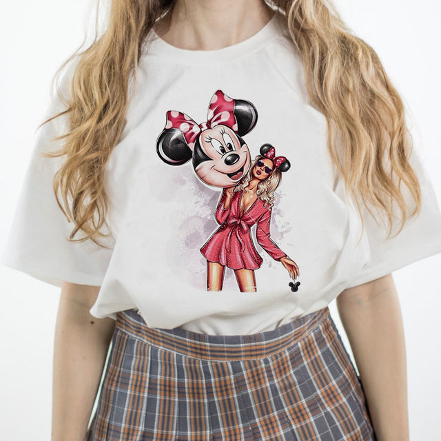 Luslos Hot Sales Summer Cartoon Pattern Printed Women Lovely Loose Female T-shirt Casual Short Sleeve White Minnie Tops S-3XL