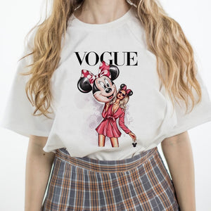 Luslos Hot Sales Summer Cartoon Pattern Printed Women Lovely Loose Female T-shirt Casual Short Sleeve White Minnie Tops S-3XL
