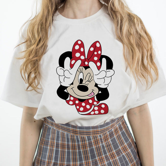 Luslos Hot Sales Summer Cartoon Pattern Printed Women Lovely Loose Female T-shirt Casual Short Sleeve White Minnie Tops S-3XL