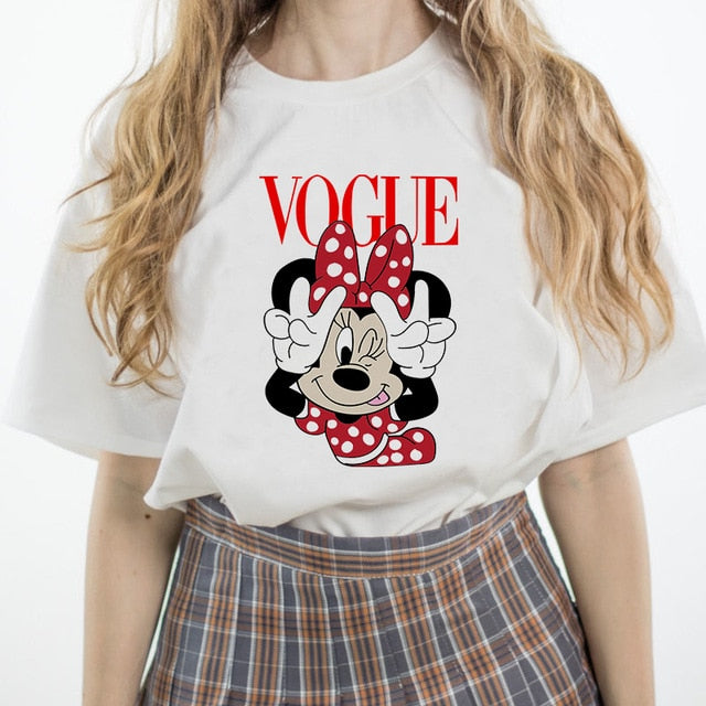 Luslos Hot Sales Summer Cartoon Pattern Printed Women Lovely Loose Female T-shirt Casual Short Sleeve White Minnie Tops S-3XL