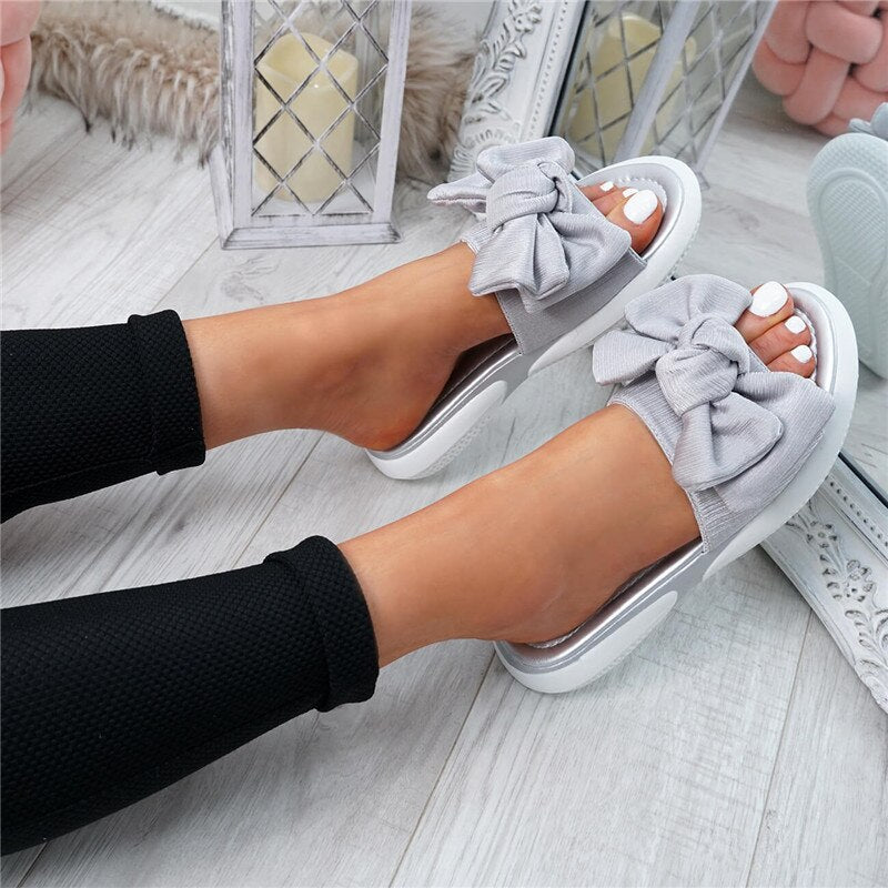 SHUJIN Bow Flats Sandals Women Ladies Shoes 2020 Torridity New Fashion Slip On Peep Toe Casual Shoes Female Sandals Size 35-43