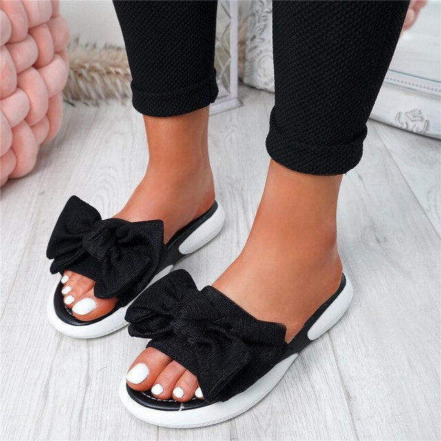 SHUJIN Bow Flats Sandals Women Ladies Shoes 2020 Torridity New Fashion Slip On Peep Toe Casual Shoes Female Sandals Size 35-43