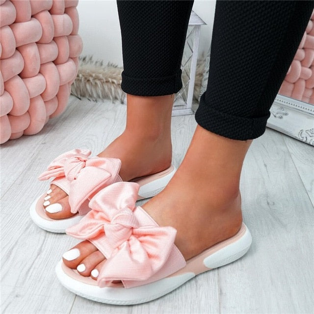 SHUJIN Bow Flats Sandals Women Ladies Shoes 2020 Torridity New Fashion Slip On Peep Toe Casual Shoes Female Sandals Size 35-43
