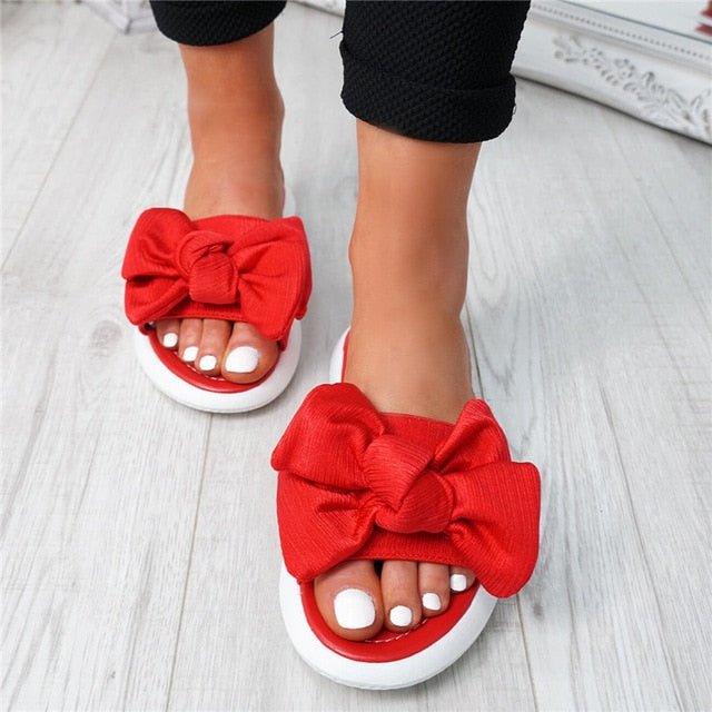 SHUJIN Bow Flats Sandals Women Ladies Shoes 2020 Torridity New Fashion Slip On Peep Toe Casual Shoes Female Sandals Size 35-43