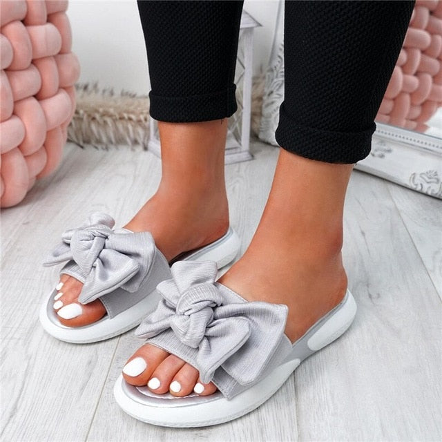 SHUJIN Bow Flats Sandals Women Ladies Shoes 2020 Torridity New Fashion Slip On Peep Toe Casual Shoes Female Sandals Size 35-43