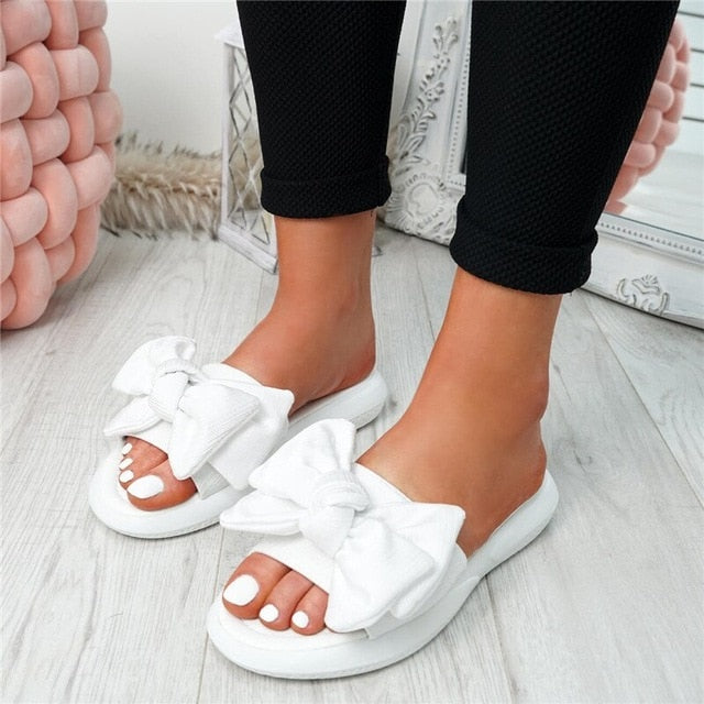 SHUJIN Bow Flats Sandals Women Ladies Shoes 2020 Torridity New Fashion Slip On Peep Toe Casual Shoes Female Sandals Size 35-43
