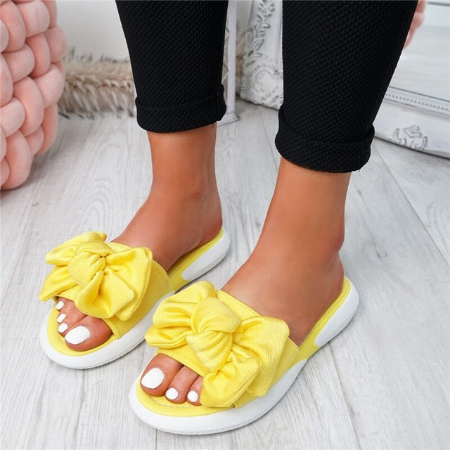 SHUJIN Bow Flats Sandals Women Ladies Shoes 2020 Torridity New Fashion Slip On Peep Toe Casual Shoes Female Sandals Size 35-43