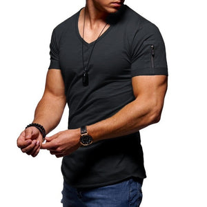 New men's V-neck T-shirt fitness summer short-sleeved zipper casual cotton top