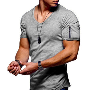 New men's V-neck T-shirt fitness summer short-sleeved zipper casual cotton top