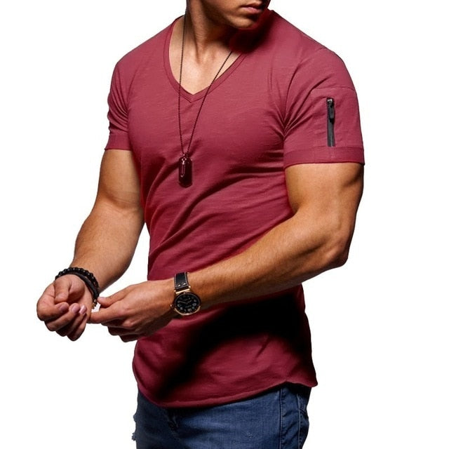 New men's V-neck T-shirt fitness summer short-sleeved zipper casual cotton top