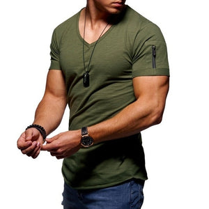 New men's V-neck T-shirt fitness summer short-sleeved zipper casual cotton top