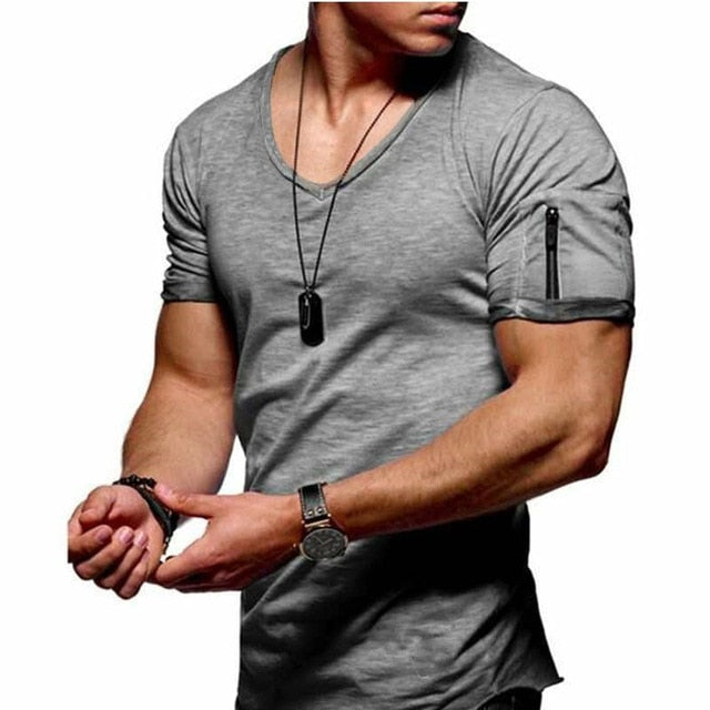 New men's V-neck T-shirt fitness summer short-sleeved zipper casual cotton top